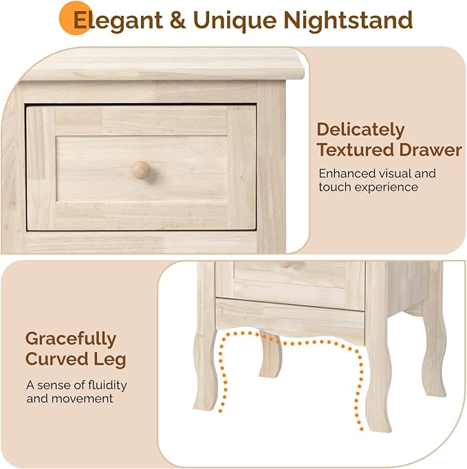 Bonnlo Nightstands Set of 2, Solid Wood Nightstand Unfinished - Image 6