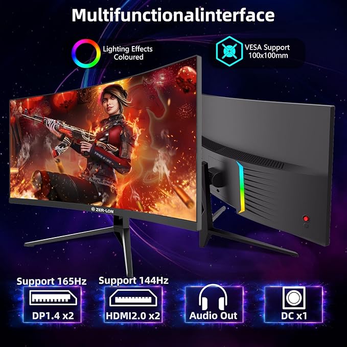 ZER-LON 34 inch Curved Gaming Monitor, 21:9 WQHD 3440×1440 165Hz Ultrawide Computer Monitors, 1500R 1ms(MPRT), 125% sRGB, 350nits, FreeSync, HDMI2.0 x2, DP1.4 x2, Wall Mountable/Tilt Adjustable Black