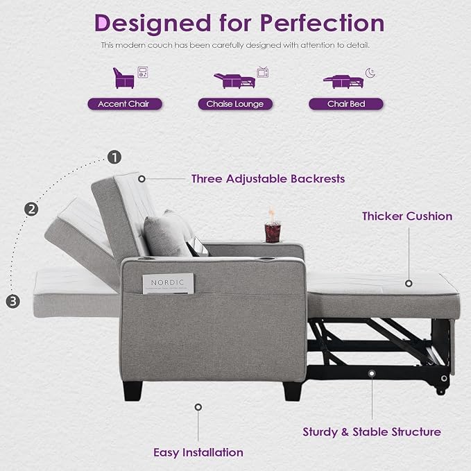 Convertible Sleeper Chair Bed for Adult, Single Pull Out Sofa, USB & Type-C - Image 6