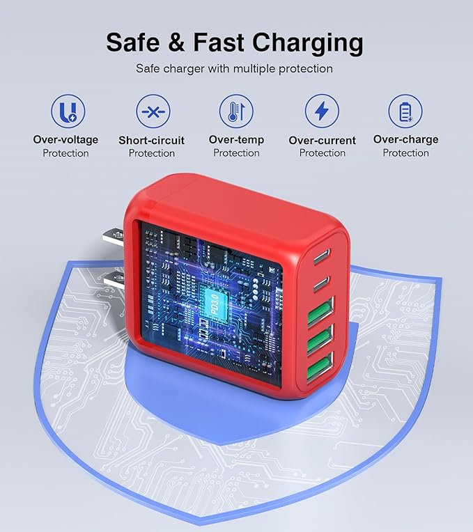 60W USB C Wall Charger, 2Pack 5-Port C Charger Fast Charging Block PD Power Adapter +QC 3.0 Multiport Type C Box Brick Cube USB A Wall Plug for iPhone 14/15/16/17 Pro Max, iPad,Samsung Galaxy(Red)