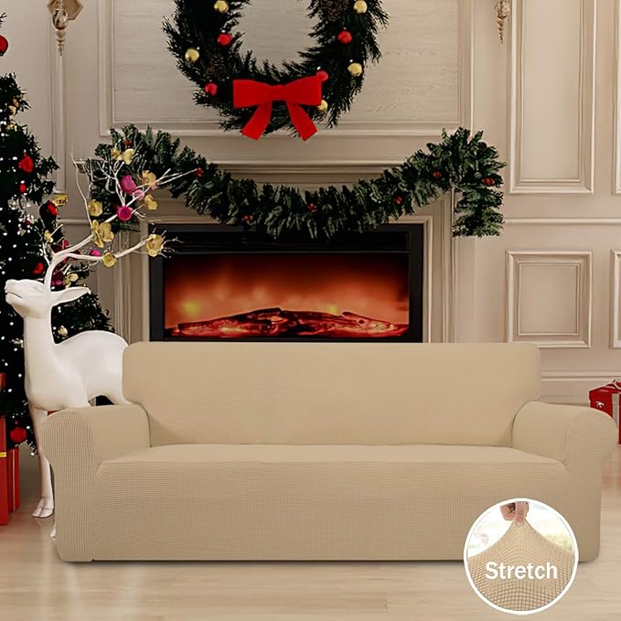 Easy-Going Stretch Oversized Sofa Slipcover 1-Piece Sofa Cover Furniture Protector Couch Soft with Elastic Bottom for Kids, Polyester Spandex Jacquard Fabric Small Checks Sand