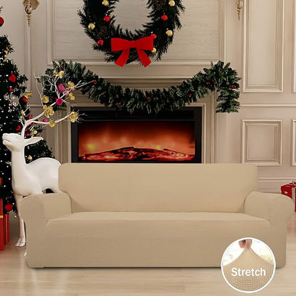 Easy-Going Stretch Oversized Sofa Slipcover 1-Piece Sofa Cover Furniture Protector Couch Soft with Elastic Bottom for Kids, Polyester Spandex Jacquard Fabric Small Checks Sand