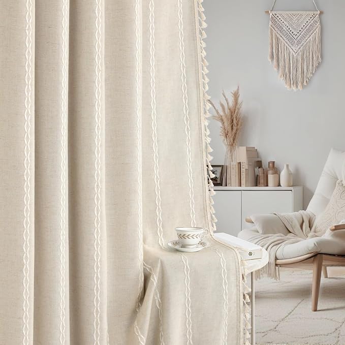 Boho 100% Blackout Curtains 84 Inch 2 Panels Linen Blend Beige | Vintage - Image 9