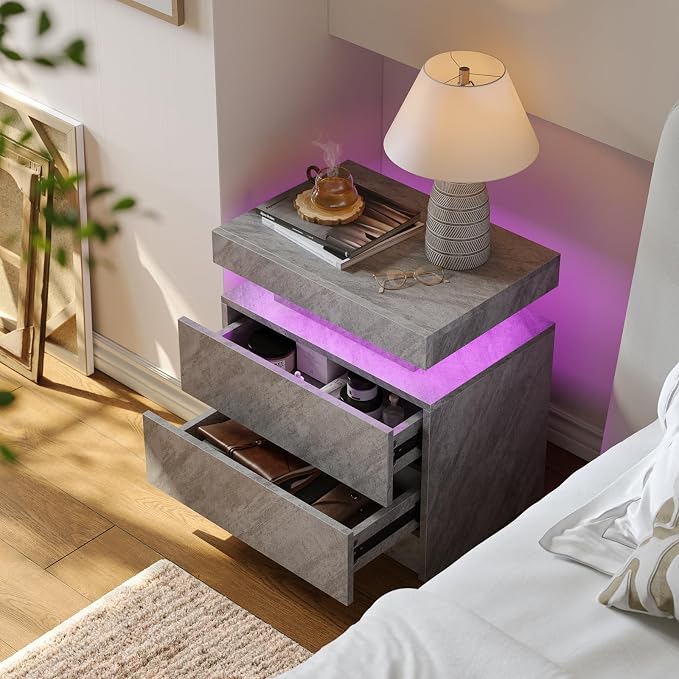 Modern Gray LED Nightstand for Bedroom Bedside Table - Image 3