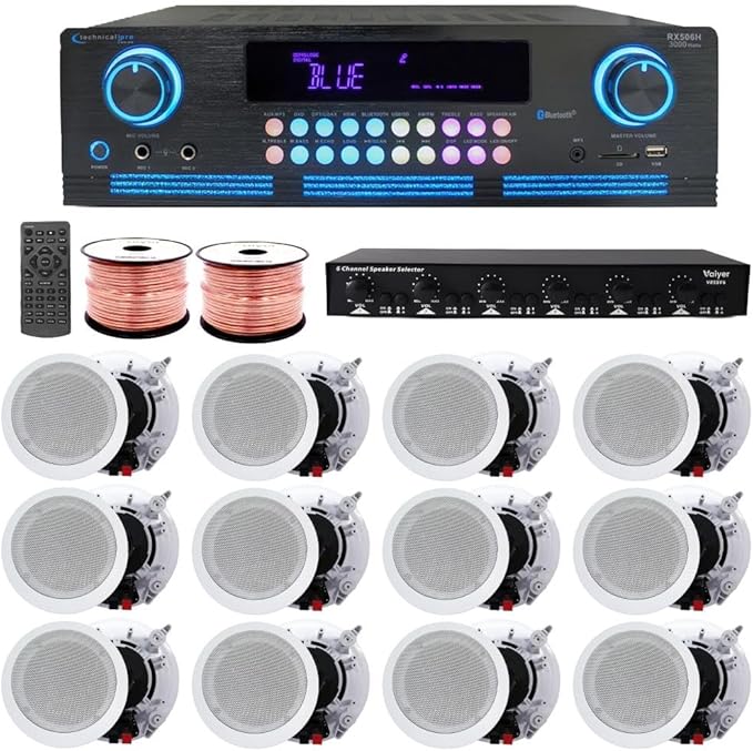 Vaiyer Home Audio Sound System Kit - 2000 W Bluetooth Amplifier w/ 12 Qty of 5.25" Framed Ceiling Speakers 175 W Each, 6-Ch Speaker Selector w/Volume Control, 500 ft Speaker Wire & Remote