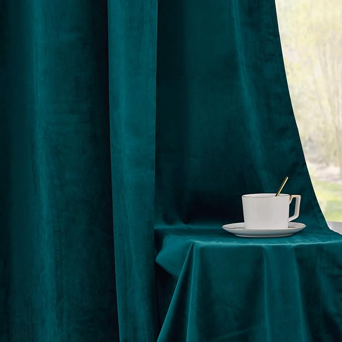 RYB HOME Peacock Blue Velvet Blackout Curtains - Image 6