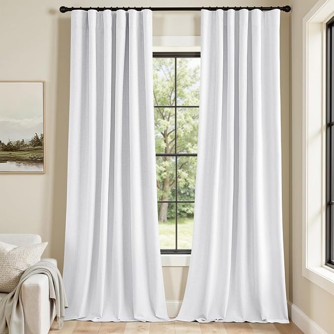 MIULEE 100% Blackout Back Tab Pleat Linen Curtains 50" Wx120 L, Bright White | - Image 6