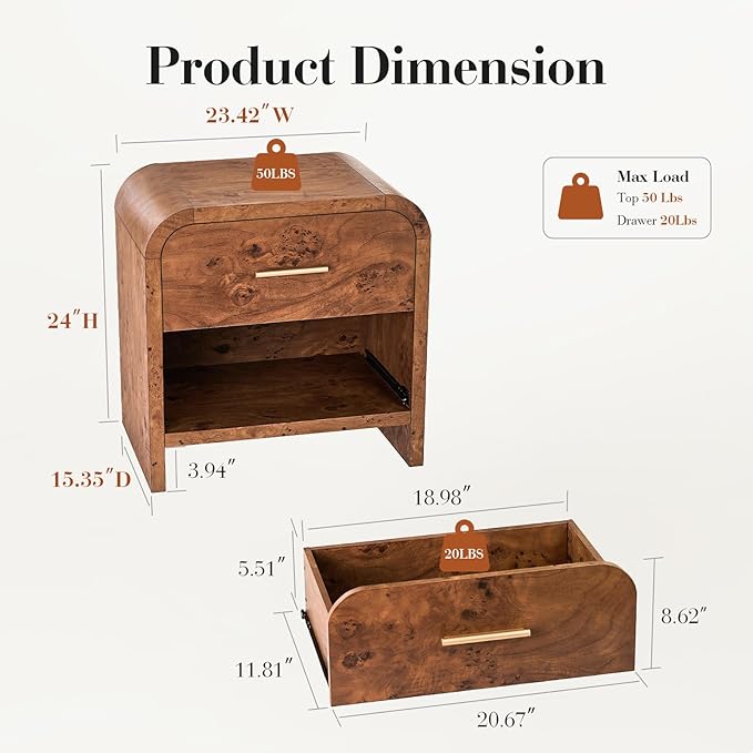 Night Stand 2-Drawer Nightstand 24" H Metal Handle Modern Sturdy Bedside Table - Image 8