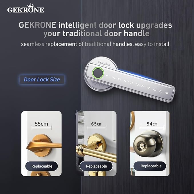GEKRONE Fingerprint Smart Lever Lock TUYA APP Control Keyless Entry Bluetooth Touchscreen Indoor Handle Biometric Electronic Digital Door Knob with Keypad Suitable for Hotel Office Apartment Bedroom