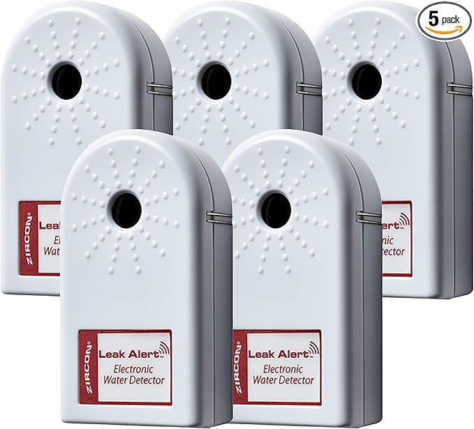 Zircon Leak Alert Water Leak Detector & Flood Sensor Alarm/Water Leak Sensor with Dual Leak Alarms 90dB Audio/Battery Powered (5 Pack) Batteries Not Incuded, (72310)