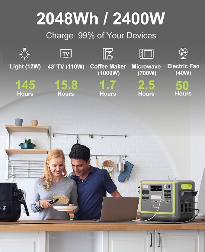 FOSSiBOT F2400 Portable Power Station 2400W (4800W Peak), 2048Wh LiFePO4 Battery Solar Generator with 1100W AC & 500W Solar Charging APP Control,1.5H Fast Charging, for Camping, Home Use, Emergency,RV
