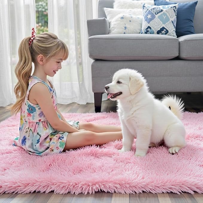 Shag Area Rug for Living Room, 5x8 Pink Fluffy Plush Carpet | Non-Slip Large - Image 3