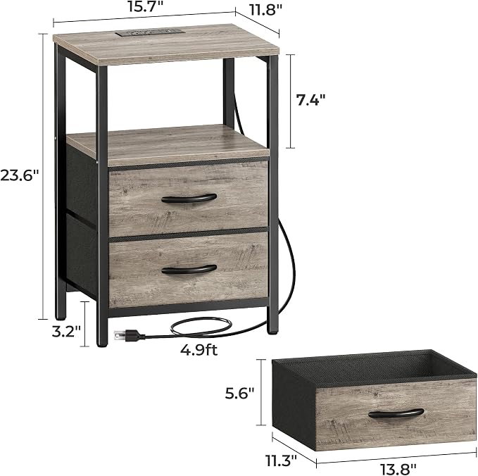 Huuger Nightstand with Charging Station, Side Table with Fabric Drawers | End - Image 6