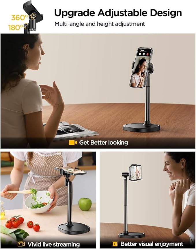DIMONCOAT Phone Stand for Desk, Angle Height Adjustable Phone Holder for Desk, Aluminum Alloy Universal iPhone Holder, Retractable Cell Phone Stand Recording Office for iPhone 17 16 15 Pro Max Air