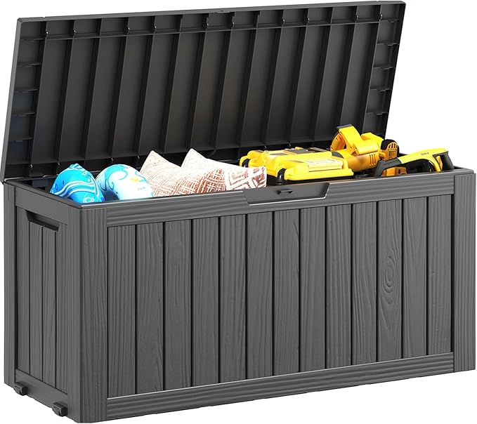 NUNU LAB Outdoor Storage Box, 80 Gallon Large Resin Sturdy Deck Box, Backyard Outside Storage Box Waterproof, Package Delivery Garden Hose Storage Bin Tool