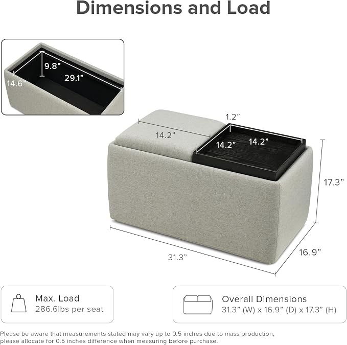 mopio Levi Storage Bench with Reversible Tray, Modern Storage Coffee Table - Image 2