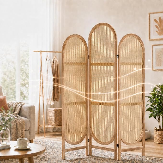 3 Panel Rattan Room Divider, Arched Room Divider Screen, Natural | Room Divider - Image 5