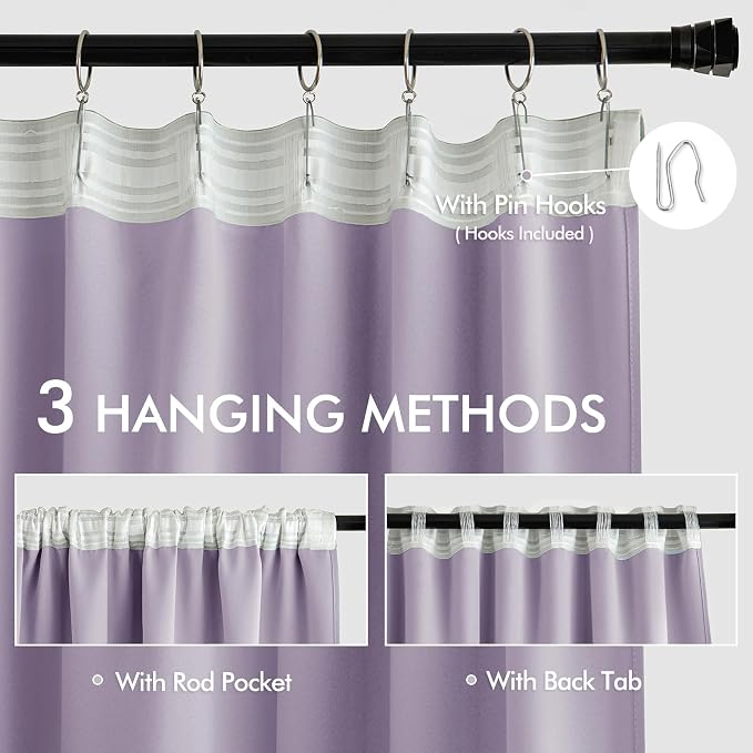 MIULEE Lilac Back Tab Blackout Curtains 52x72 Inches Long 2 Panels Set | Rod - Image 3