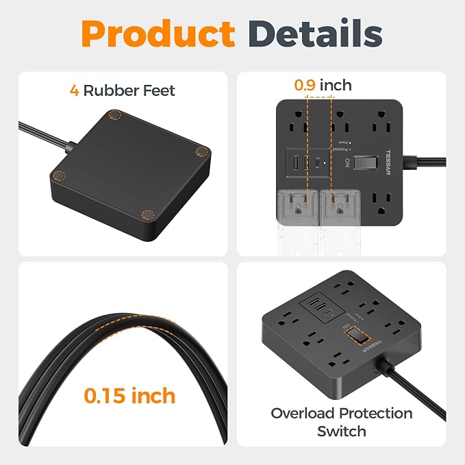 TESSAN 10Ft Black Extension Cord - Image 6