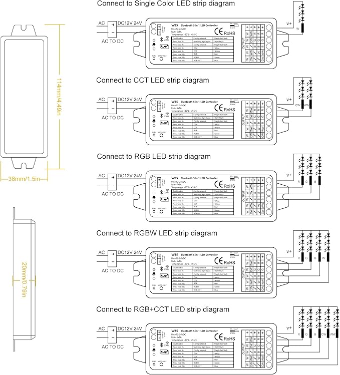 icever 5in1 WB5 LED Controller Bluetooth Control 2.4GHz Dimmable CCT RGB RGBW RGBCCT COB LED Strips - Compatible with Tuya App Echo Alexa Google Home Voice Control