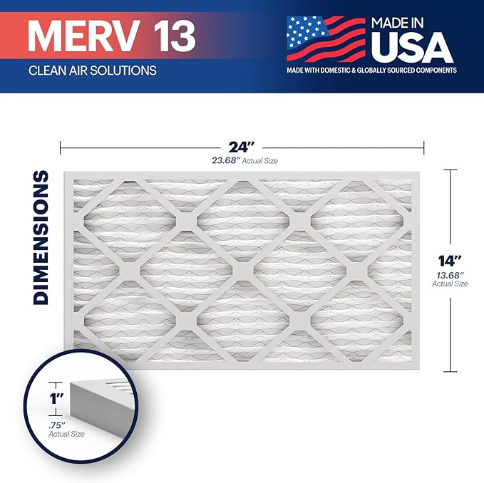 BNX TruFilter 14x24x1 Air Filter MERV 13 (6-Pack) - MADE IN USA - Electrostatic Pleated Air Conditioner HVAC AC Furnace Filters for Allergies, Pollen, Mold, Bacteria, Smoke, Allergen, MPR 1900 FPR 10