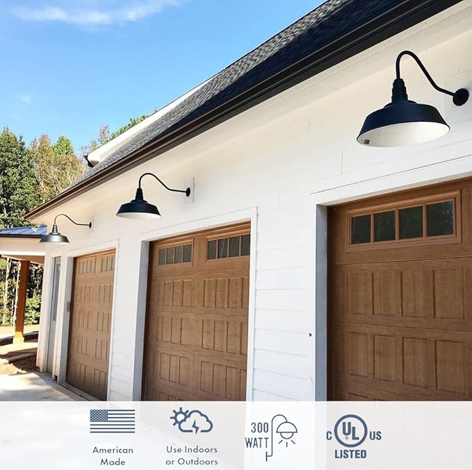 Steel Lighting Co. Large Outdoor Barn Light | Gooseneck Light Fixture | Made in America from 18-Gauge Steel | 20" Dome | 16" Gooseneck White Exterior/White Interior