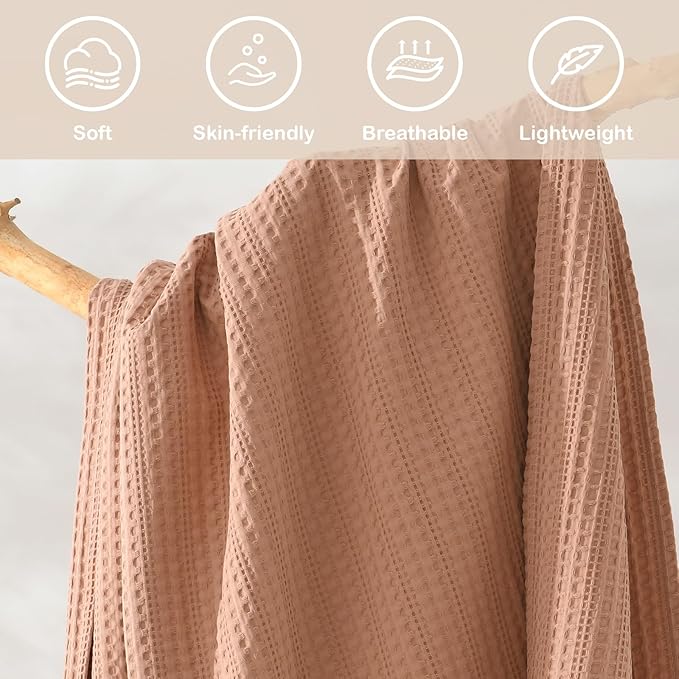 100% Cotton Waffle Blanket with Fringe, Pre-Washed Waffle Weave Blanket for All Season, Lightweight Breathable Soft Cozy Throw Blanket for Couch, Bed, Travel (Dusty Pink - 50x60 Inches)