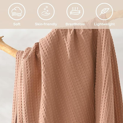 100% Cotton Waffle Blanket with Fringe, Pre-Washed Waffle Weave Blanket for All Season, Lightweight Breathable Soft Cozy Throw Blanket for Couch, Bed, Travel (Dusty Pink - 50x60 Inches)