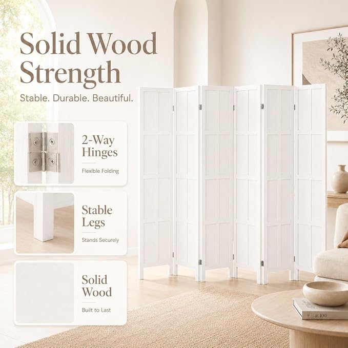 6 Panel Solid Wood Room Divider Folding Privacy Screen White | Freestanding - Image 3