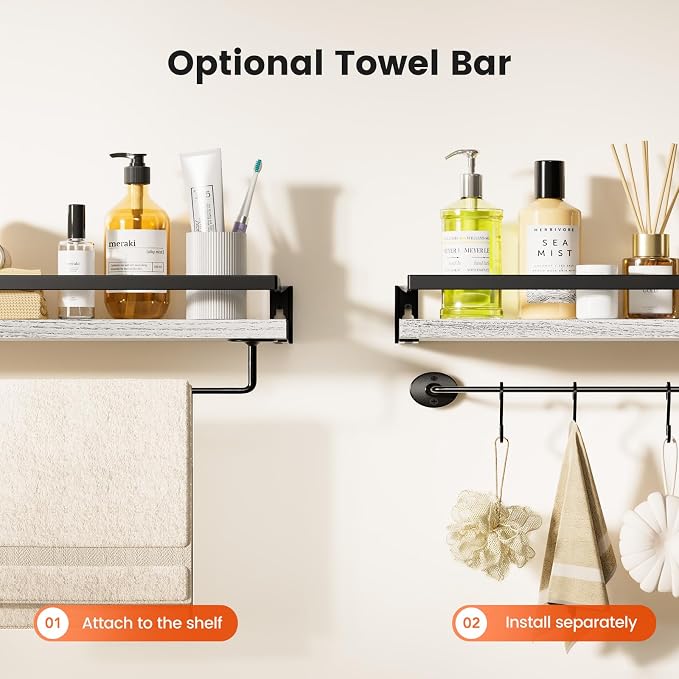 Amada Bathroom Shelves with Towel Bar, Protective Metal Guards, Paulownia Wood - Image 5