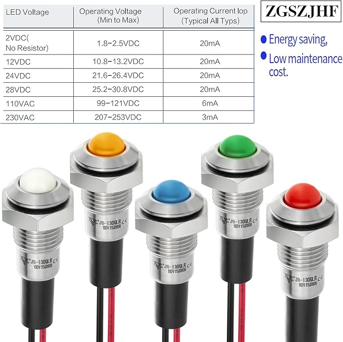ZGSZJHF UL Listed Mini Indicator Light 8mm 0.31" Waterproof IP67 110V-120V Domed Sphere High Head Metal 304-Stainless Steel LED Lamp Pilot Light with 140mm Wire Yellow