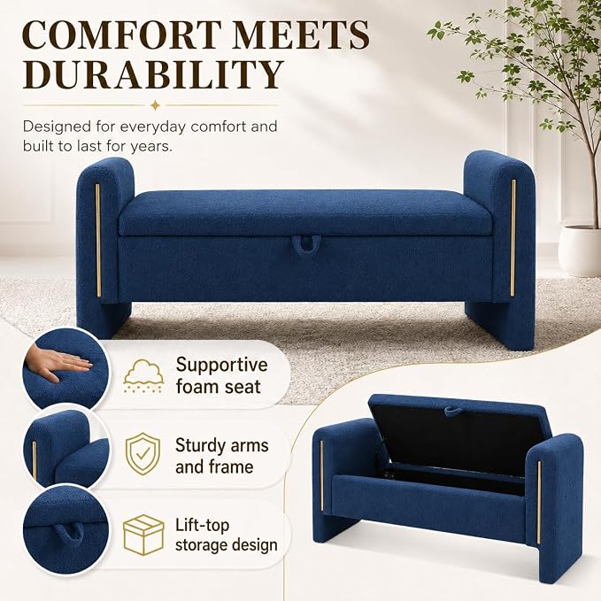 52" Upholstered Storage Bench, Wood Frame | Mid-century storage ottoman bench - Image 6