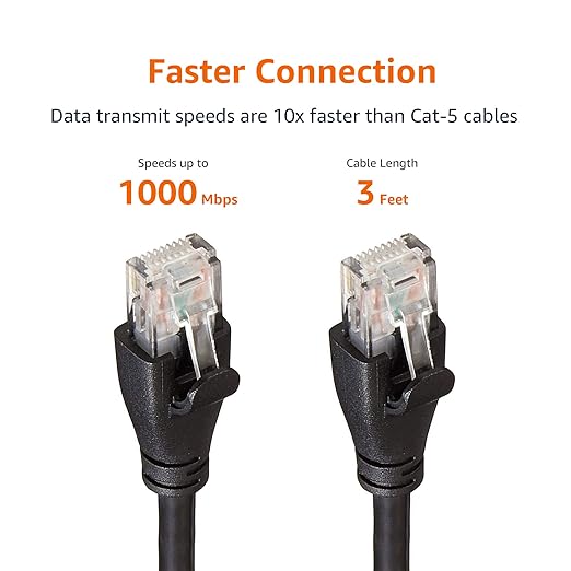 Amazon Basics RJ45 Cat 6 Ethernet Patch Cable, 1Gpbs Transfer Speed, Gold-Plated Connectors, 3 Foot for PC, TV, Tablet, Router, Printer, Black