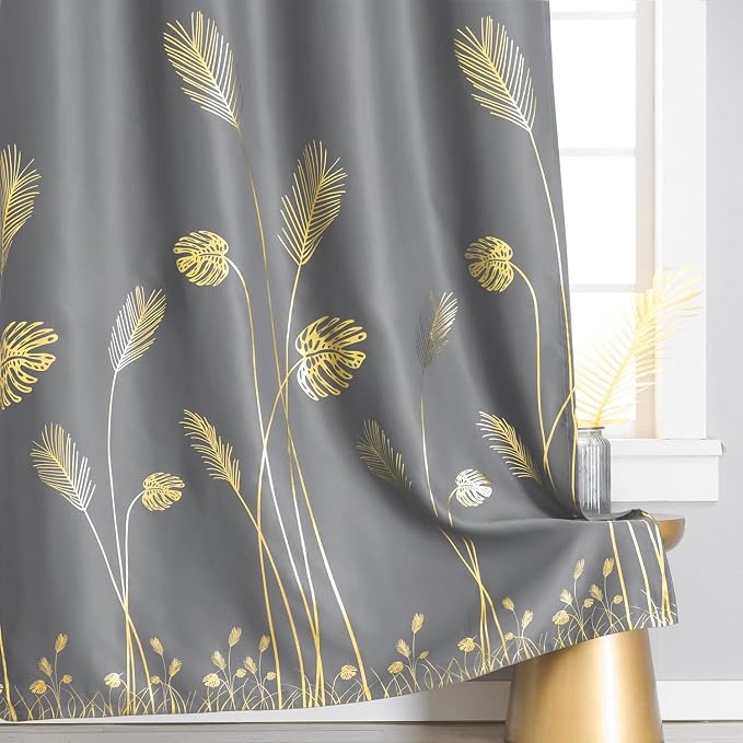 Grey Blackout Curtain for Dining Room 100W x 108L Inch Long Gold Palm Tree - Image 4