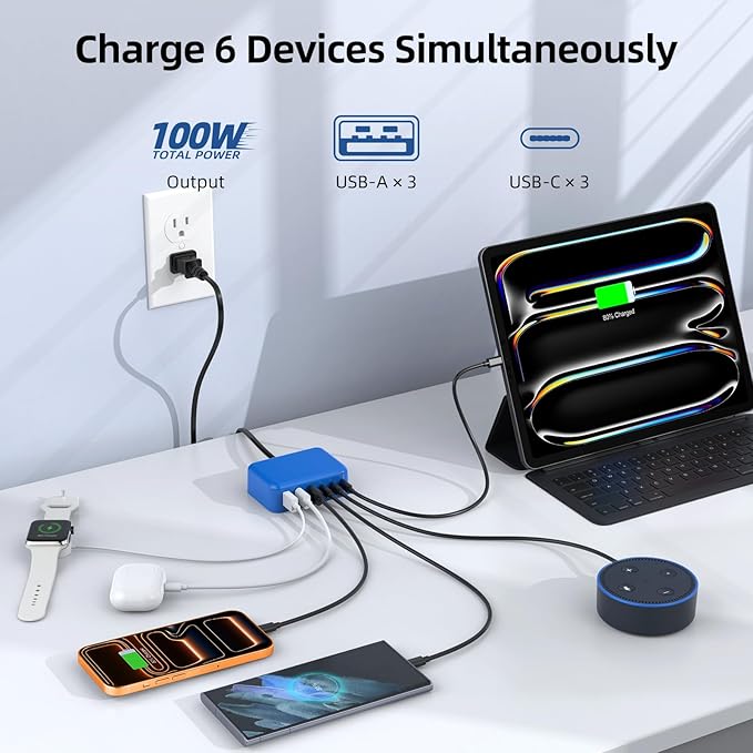 USB C Charger Block, 100W GaN 6 Port PD USB C QC USB A Wall Charger Adapter Plug Cube, Super Fast Type C Charging Station Hub for iPhone 17 16 15 14 Pro Max iPad Samsung Pixel