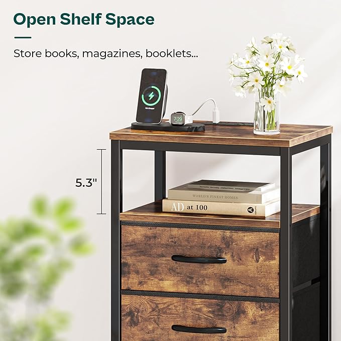 Huuger Nightstand with Charging Station, 27.6 Inch Bedside Table, Side Table | - Image 3