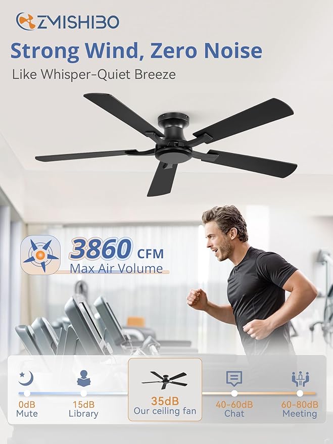 ZMISHIBO 52 Inch Ceiling Fan No Light, Flush Mount Low Profile, Modern Black Ceiling Fan Without Light, Remote Control & Quiet DC Motor, for Indoor&Outdoor, Bedroom, Living Room
