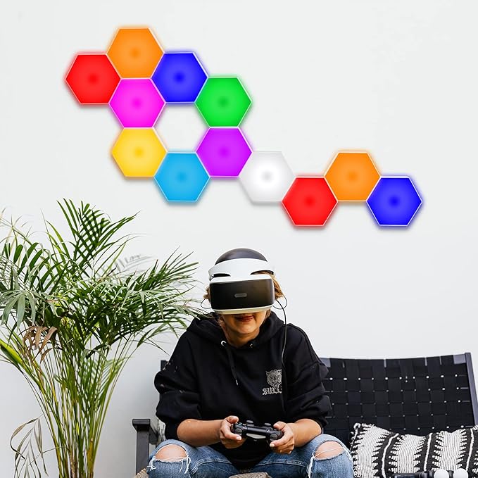 Vcwtty Hexagon Lights, Smart LED Wall Lights with Remote, 13 Colors Touch-Sensitive DIY Modular Assembled RGB Wall Panels, Hex Light with USB-Power for Autism, Game Room Decor, Party (12 Pack)