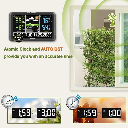 DreamSky Weather Station Indoor Outdoor Thermometer Wireless with Digital Atomic Clock for Home, Large Display with Dimmer, USB, Inside Outside Temperature Humidity Monitor (Adapter Powered)-3 Sensor