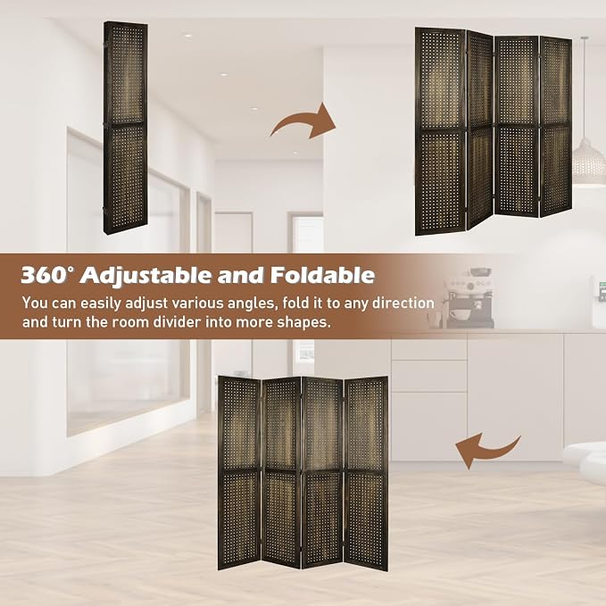 4 Panel Pegboard Room Divider | Brown Wood Folding Privacy Screen - Image 5