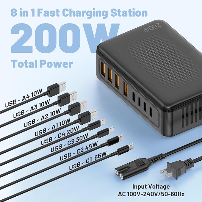 200W USB C Charging Station,8-Port GaN USB C Charger Block,PD 65W Desktop Charger, Power Strip Adapter Compatible with iPhone 17/16/ 15/14,MacBook Air/Pro,DELL,for iPad Pro,Galaxy and More,Black