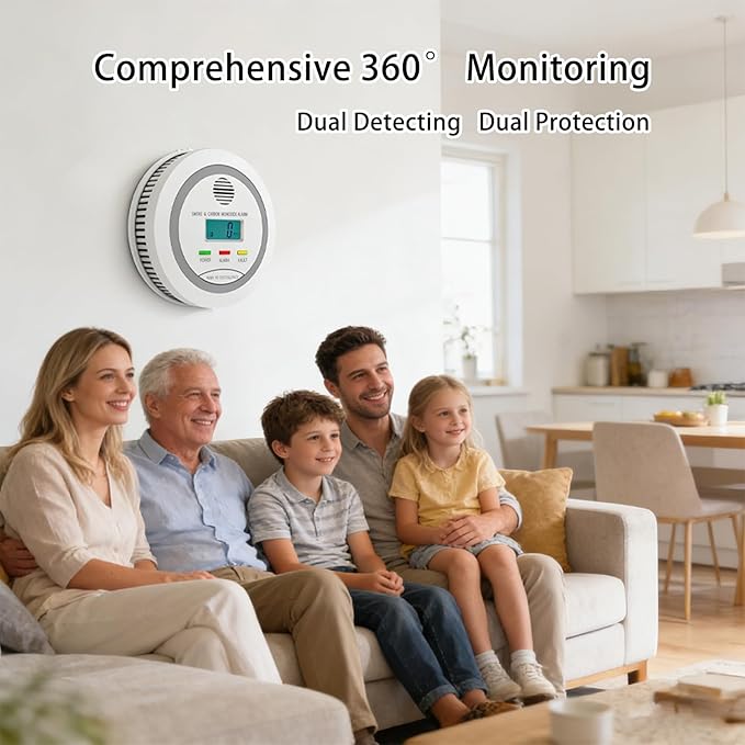Virtue Sensor Smoke & Carbon Monoxide Detector, 2-in-1 CO Detector Alarm for Home Garage RV with LCD Display Safety Alarm System Audible and Visual Alert (1 Pack with Batteries)