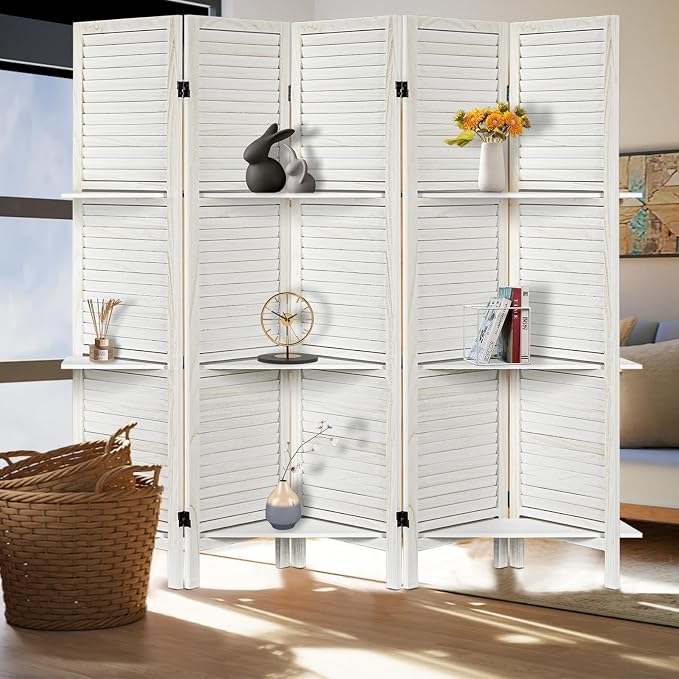 Room Divider with Shelves, 5 Panel White Privacy Screen | Partition Room - Image 6