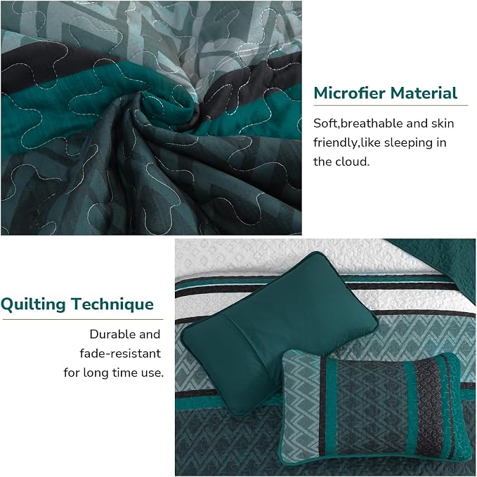 Dinjoy Boho Striped Quilts, Bedspread Queen Size Bedding Sets, Dark Green | 3 - Image 5