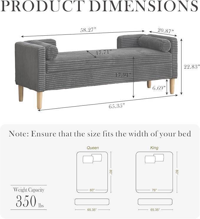 Aoiy & Wifon 65.35" W End of Bed Bench King Size, Upholstered Large Storage - Image 2