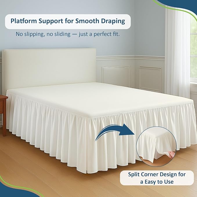 Rajlinen Ruffled Bed Skirt Full XL, 16 Inch Drop Dust Ruffle with Split Corners, 100% Microfiber Bedskirt with Platform, Three-Sided Coverage Ruffled Gathering Design, Ivory