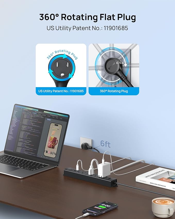 TROND 360° Rotating Plug Surge Protector, Power Strip with USB Ports, 3 USB C and 1 USB A, 1440 Joules, ETL Listed, 1625W, Wall Outlet Extender, 6ft Extension Cord for Home Office Dorm, Black