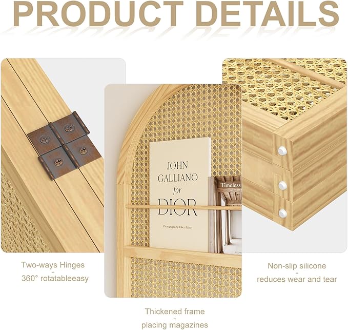Rattan Room Divider with Built-in Bookshelf | Foldable Privacy Screen & - Image 3