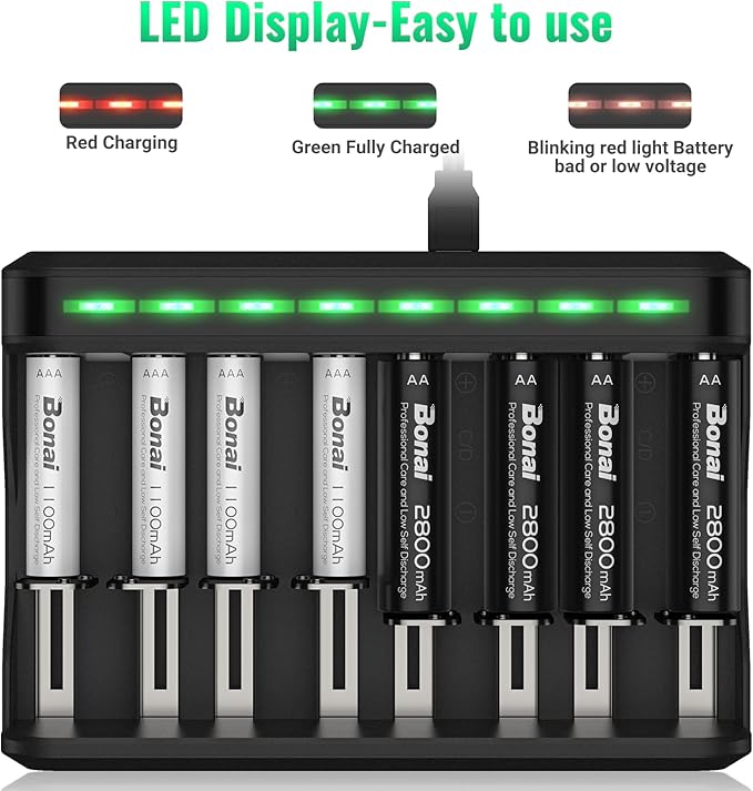 BONAI AA AAA Rechargeable Batteries Charger Set, 4 Pack 2800mAh AA and 4 Pack 1100mAh AAA NiMH Batteries with Smart Universal Battery Charger