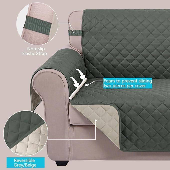 U-NICE HOME Large Sofa Cover Reversible Couch Cover for Dogs with Elastic Straps Water Resistant Furniture Protector for Pets Couch Cover for 4 Cushion Couch (Oversized Sofa, Grey/Beige)